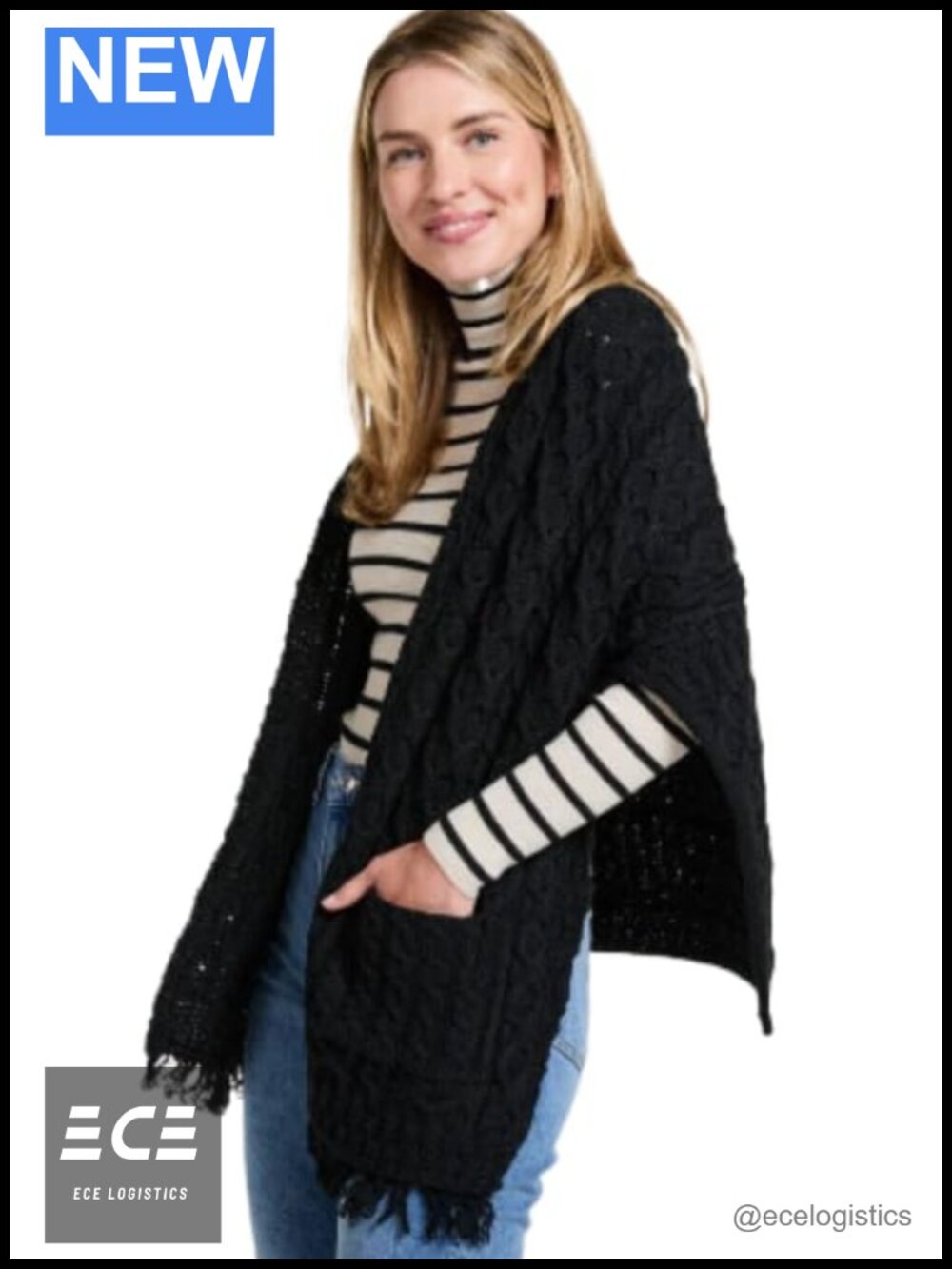 Irish Merino Wool Wrap Shawl with Pockets Knit One Size